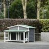 Large Wooden Dog House Outdoor / Indoor Dog Crate, Cabin Style, With Porch, 2 Doors - Gray / Green - Image 4