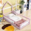 Twin Size Wood Bed With House-Shaped Headboard Floor Bed With Fences - Pink - Image 3