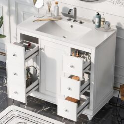 Contemporary Bathroom Vanity Cabinet, 4 Drawers & 1 Cabinet Door, Multipurpose Storage, Resin Integrated Sink, Adjustable Shelves, Solid Wood Frame With MDF - White
