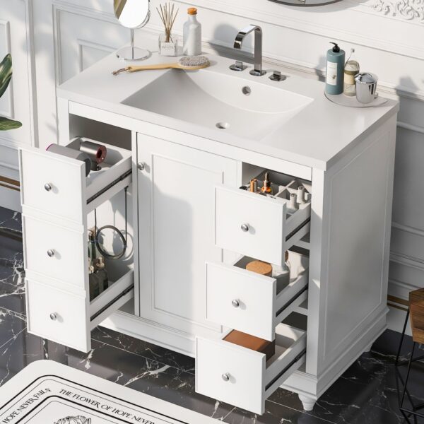 Contemporary Bathroom Vanity Cabinet, 4 Drawers & 1 Cabinet Door, Multipurpose Storage, Resin Integrated Sink, Adjustable Shelves, Solid Wood Frame With MDF - White