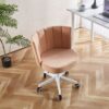 Home Office Chair, Fluffy Fuzzy Comfortable Makeup Vanity Chair, Swivel Desk Chair Height Adjustable Dressing Chair For Bedroom - Teak / Beige - Image 2