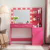 Vanity Desk With Mirror And Lights, 46.4In Dressing Table With 2 Large Drawer & Large Vertical Organizer, 3 Level Dresser & 3 Lighting Modes Adjustable Brightness, Suitable For Bedroom - Rose Pink - Image 2