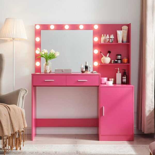 Vanity Desk With Mirror And Lights, 46.4In Dressing Table With 2 Large Drawer & Large Vertical Organizer, 3 Level Dresser & 3 Lighting Modes Adjustable Brightness, Suitable For Bedroom - Rose Pink