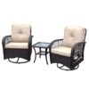 3 Piece Conversation Set, Outdoor Wicker Rocker Swivel Patio Bistro Set, Rocking Chair With Glass Top Side Table - Khaki / Brown - Image 7