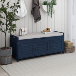 Storage Bench With 3 Shutter-Shaped Doors, Shoe Bench With Removable Cushion And Hidden Storage Space - Antique Navy