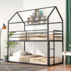 Bunk Beds Twin Over Twin, House With Frame Built-In Ladder, No Box Spring Needed - Black