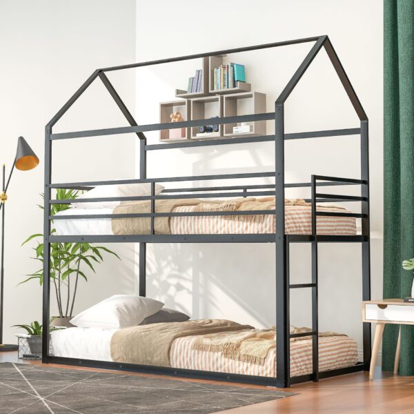Bunk Beds Twin Over Twin, House With Frame Built-In Ladder, No Box Spring Needed - Black