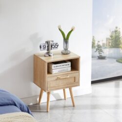 15.75" Rattan End Table With Drawer And Solid Wood Legs, Modern Nightstand, Side Table For Living Room, Bedroom - Natural