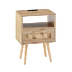 15.75" Rattan End Table With Power Outlet & USB Ports, Modern Nightstand With Drawer And Solid Wood Legs, Side Table For Living Room, Bedroom - Natural