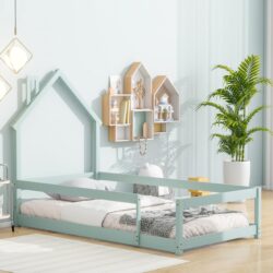 Twin Size Wood Bed With House-Shaped Headboard Floor Bed With Fences - Light Green
