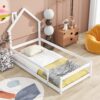 Twin Size Wood Bed With House-Shaped Headboard Floor Bed With Fences - White - Image 3
