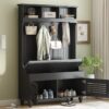 5 In 1 Entryway Bench With Shutter - Shaped Doors, Coat Rack, Cushion And 4 Sturdy Hooks, Wide Hall Tree With Storage Bench For Hallway, Entryway, Living Room - Black - Image 4
