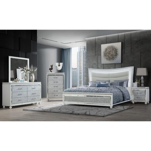 Maloise - Queen Bedroom 5 Piece Set With Padded Headboard And Crystal Crushed Footboard - White