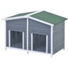 Large Wooden Dog House Outdoor / Indoor Dog Crate, Cabin Style, With Porch, 2 Doors - Gray / Green - Image 9