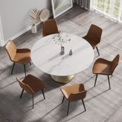 59.05" Modern Artificial Stone Round Carbon Steel Base Dining Table, Can Accommodate 6 People - White