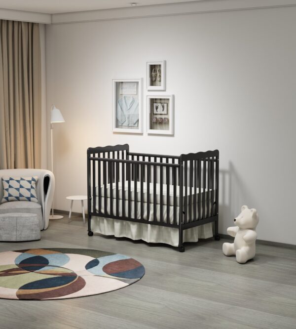 Crib 3 In 1 Convertible, Made Of Sustainable Pinewood, Non Toxic Finish, Comes With Locking Wheels, Wooden Nursery Furniture - Storm Black