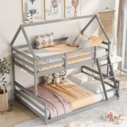 Twin Over Full House Bunk Bed With Built-In Ladder - Gray