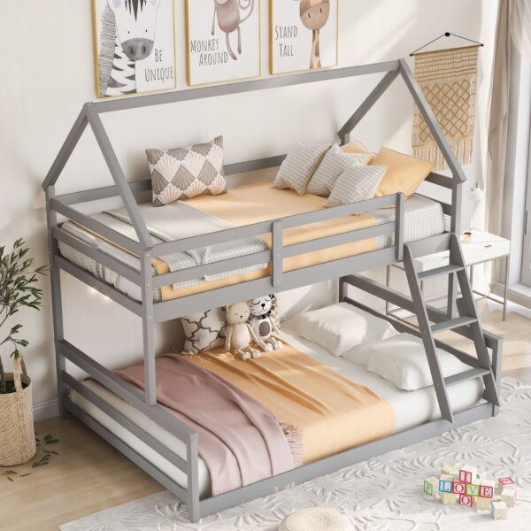 Twin Over Full House Bunk Bed With Built-In Ladder - Gray