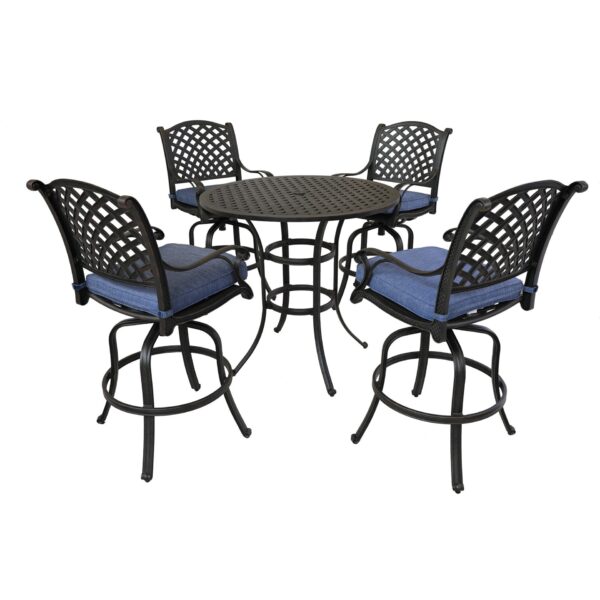 Round 4 Person 42" Long Aluminum Bar Height Dining Set With Cushions - Navy Blue