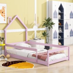 Twin Size Wood Bed With House-Shaped Headboard Floor Bed With Fences - Pink