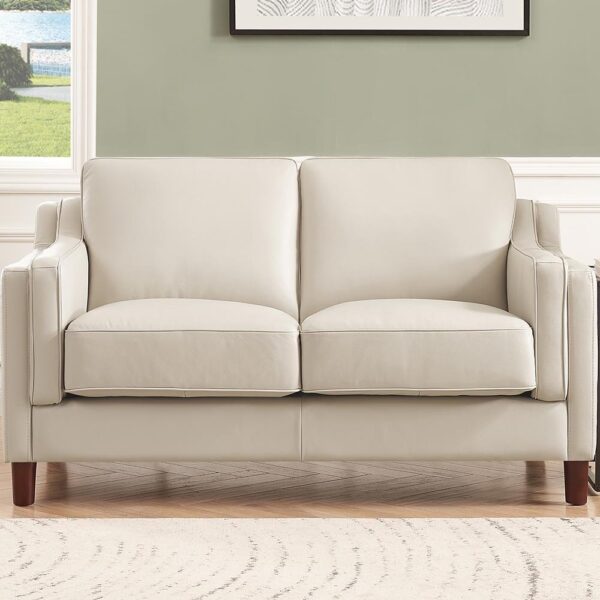 Bella-Top Grain Leather Loveseat - Beige / White