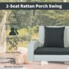 2 Person Wicker Hanging Porch Swing With Chains, Cushion, Pillow, Rattan Swing Bench For Garden, Backyard - White / Gray - Image 8