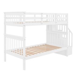 Twin Over Twin Stairway Bunk Bed With Storage And Guard Rail For Bedroom - White