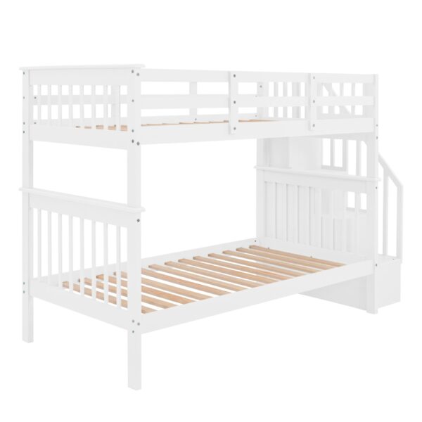 Twin Over Twin Stairway Bunk Bed With Storage And Guard Rail For Bedroom - White