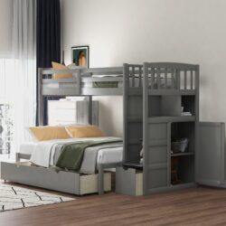 Twin Over Full / Twin Bunk Bed, Convertible Bottom Bed, Storage Shelves And Drawers - Gray
