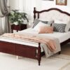 Queen Pine Wooden Bed With Upholstered Headboard And Panel Footboard, With Two Bed Rail Support Feet And Central Platform Support Feet, Classic - Cherry - Image 9