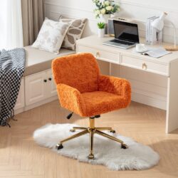 Office Chair, Artificial Rabbit Hair Home Office Chair With Golden Metal Base, Adjustable Desk Chair Swivel Office Chair, Vanity Chair - Orange