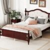 Queen Pine Wooden Bed With Upholstered Headboard And Panel Footboard, With Two Bed Rail Support Feet And Central Platform Support Feet, Classic - Cherry - Image 4