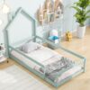 Twin Size Wood Bed With House-Shaped Headboard Floor Bed With Fences - Light Green - Image 3