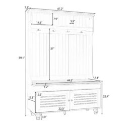 5 In 1 Entryway Bench With Shutter - Shaped Doors, Coat Rack, Cushion And 4 Sturdy Hooks, Wide Hall Tree With Storage Bench For Hallway, Entryway, Living Room - Black