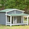 Large Wooden Dog House Outdoor / Indoor Dog Crate, Cabin Style, With Porch, 2 Doors - Gray / Green - Image 3