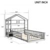 Twin Size House-Style Headboard Floor Bed With Fence Guardrails Without Cushion - Gray - Image 11