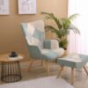Accent Chair With Ottoman, Living Room Chair And Ottoman Set, Comfy Side Armchair For Bedroom, Creative Splicing Cloth Surface - Blue - Image 2