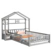 Twin Size House-Style Headboard Floor Bed With Fence Guardrails Without Cushion - Gray - Image 8