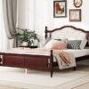 Queen Pine Wooden Bed With Upholstered Headboard And Panel Footboard, With Two Bed Rail Support Feet And Central Platform Support Feet, Classic - Cherry - Image 6