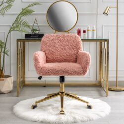 Office Chair, Artificial Rabbit Hair Home Office Chair With Golden Metal Base, Adjustable Desk Chair Swivel Office Chair, Vanity Chair - Pink