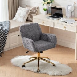 Office Chair, Artificial Rabbit Hair Home Office Chair With Golden Metal Base, Adjustable Desk Chair Swivel Office Chair, Vanity Chair - Gray