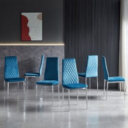 Modern Simple Style Dining Chair Fabric Chrome Metal Pipe Diamond Grid Pattern Restaurant Home Conference Chair (Set of 6) - Light Blue