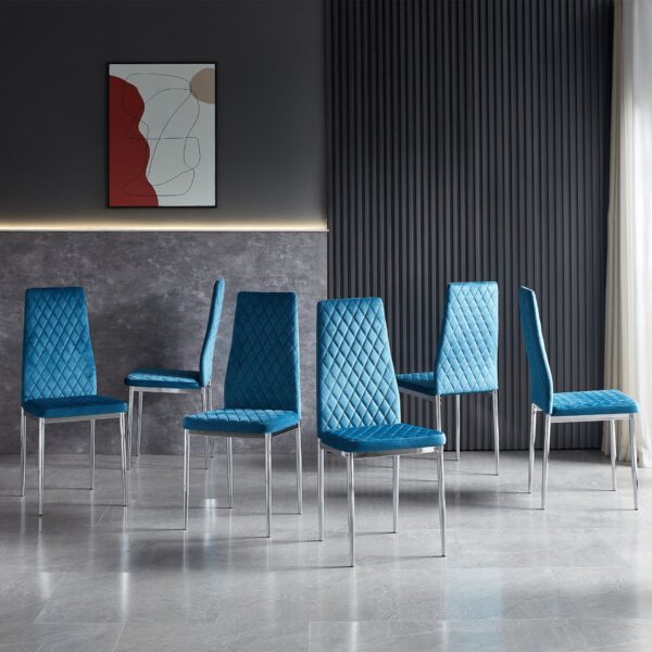 Modern Simple Style Dining Chair Fabric Chrome Metal Pipe Diamond Grid Pattern Restaurant Home Conference Chair (Set of 6) - Light Blue