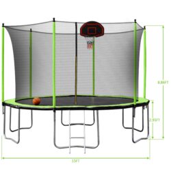 15Ft Trampoline With Basketball Hoop Inflator And Ladder (Inner Safety Enclosure) - Green