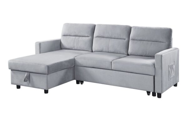 Ivy - Velvet Reversible Sleeper Sectional Sofa With Storage Chaise And Side Pocket - Light Gray