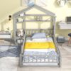 Twin Size House-Style Headboard Floor Bed With Fence Guardrails Without Cushion - Gray - Image 2