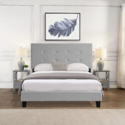 Queen Size Upholstered Platform Bed Frame With Pull Point Tufted Headboard, Strong Slat Support, Mattress Foundation, No Box Spring Needed - Gray