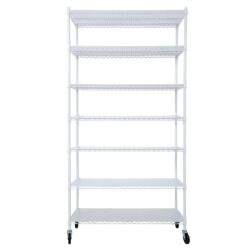 7 Tier Metal Shelf Wire Shelving Unit, 2450Lbs Heavy Duty Adjustable Storage Rack With Wheels & Shelf Liners For Closet Kitchen Garage Basement Commercial Shelving - White