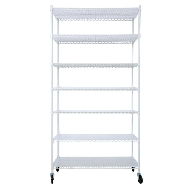 7 Tier Metal Shelf Wire Shelving Unit, 2450Lbs Heavy Duty Adjustable Storage Rack With Wheels & Shelf Liners For Closet Kitchen Garage Basement Commercial Shelving - White