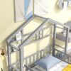 Twin Size House-Style Headboard Floor Bed With Fence Guardrails Without Cushion - Gray - Image 4